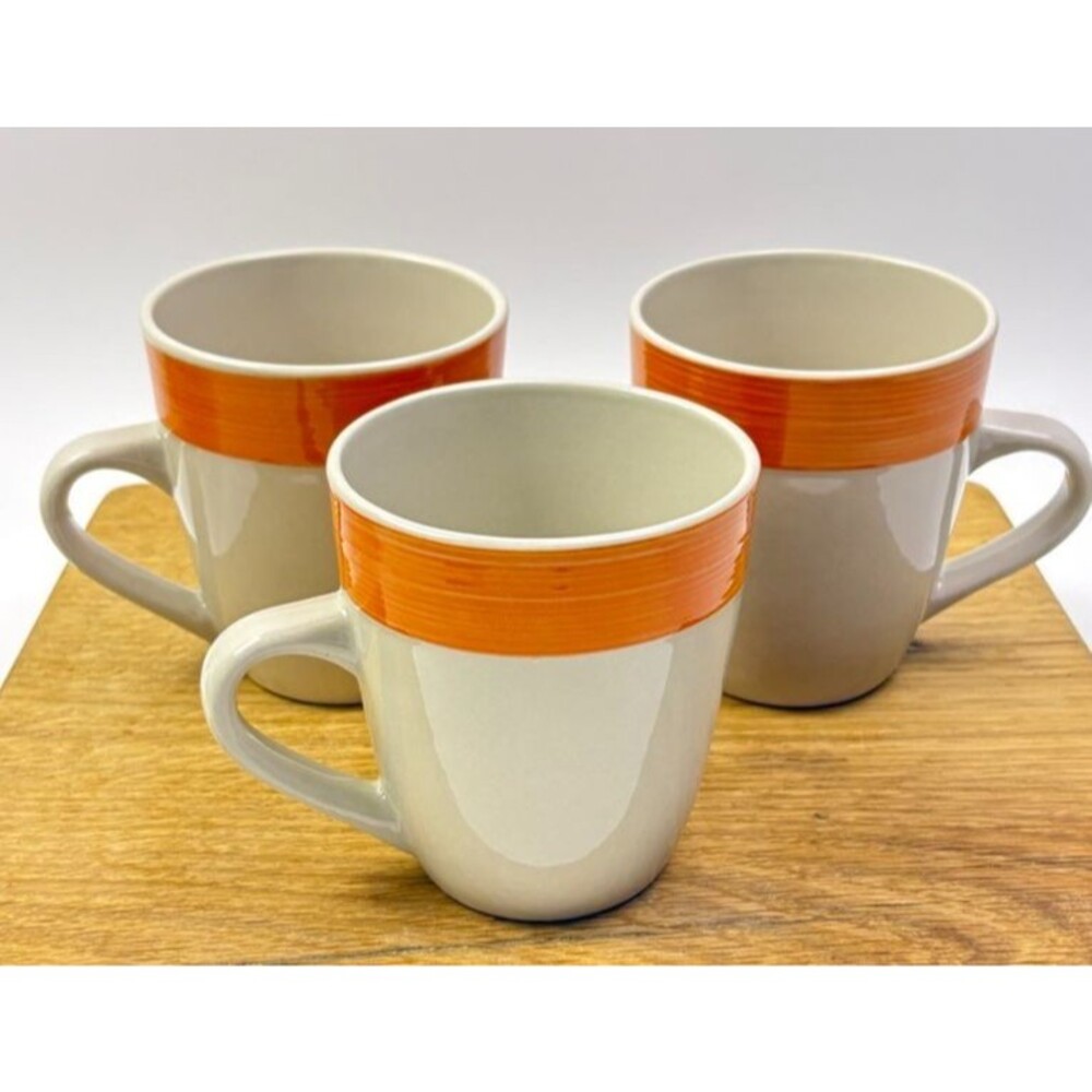 Citrus Grove Orange Brushstroke Border Coffee Mug Set of 3 Stoneware